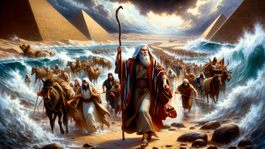 moses leads out, exodus from egypt, pharaoh's pursuit, red sea crossing, escape to freedom, moses' great escape, people liberated, freedom march, ai generated
