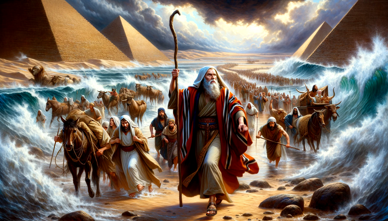 moses leads out, exodus from egypt, pharaoh's pursuit, red sea crossing, escape to freedom, moses' great escape, people liberated, freedom march, ai generated